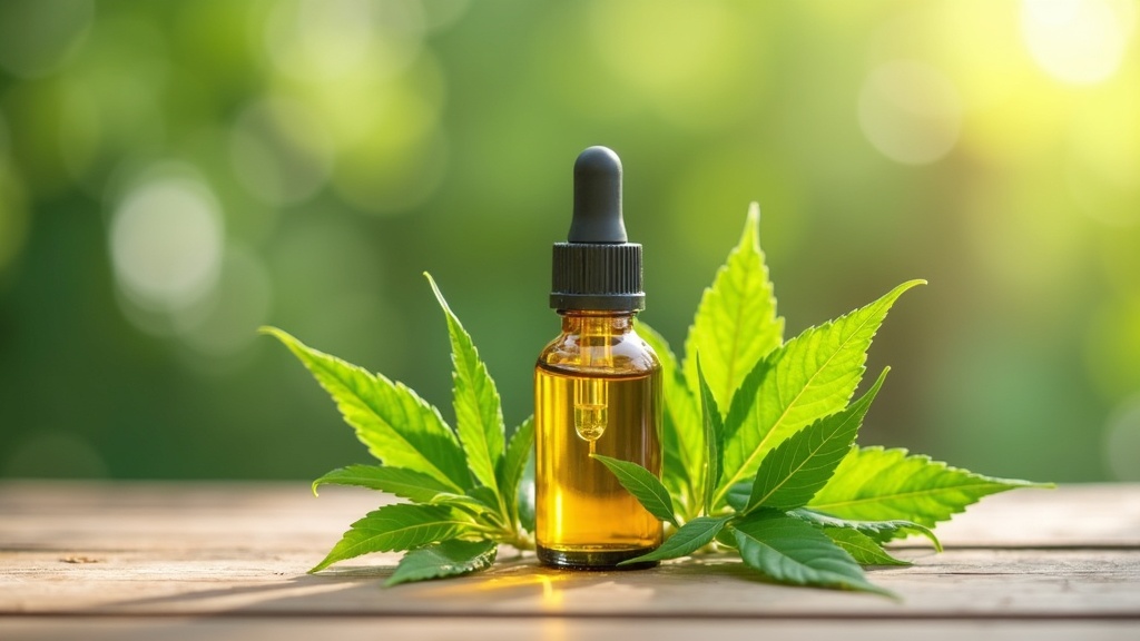 Glass dropper bottle of CBD oil with green cissus leaves on a wooden table