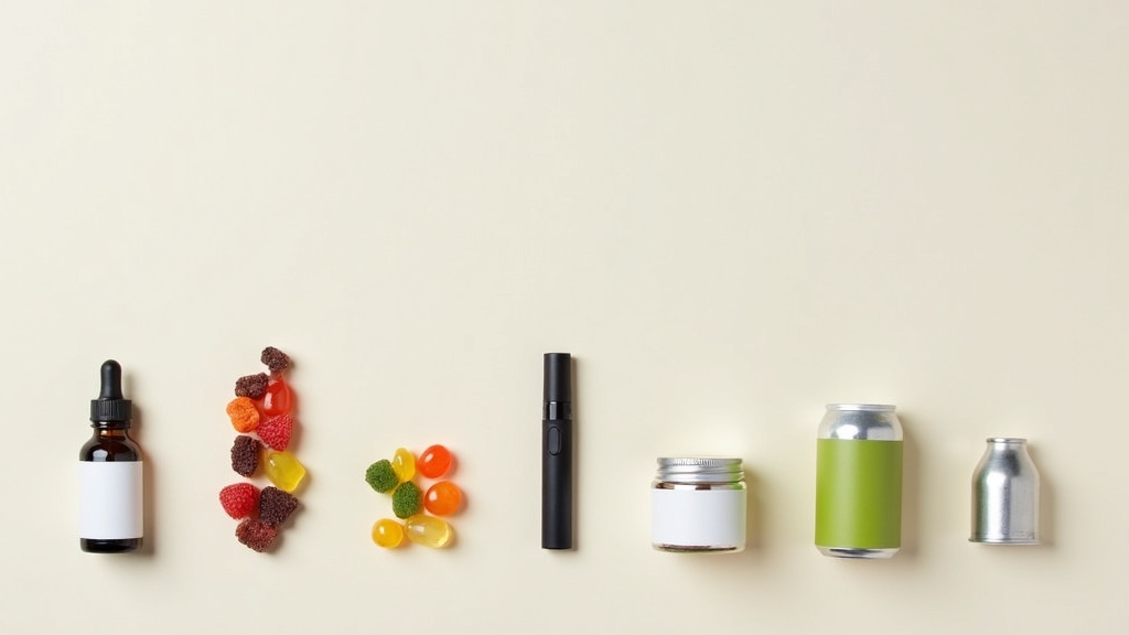 A display of different CBD product types: tincture bottle, gummies, vape pen, cream, and beverage can.